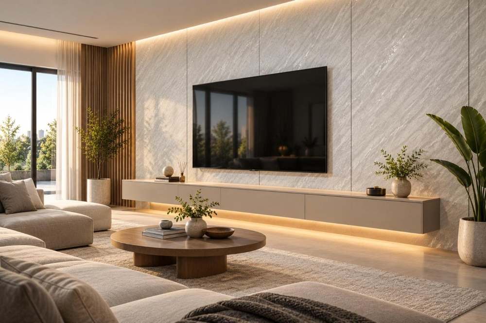 Pared de TV con placa de carbón de bambú Gris Seda