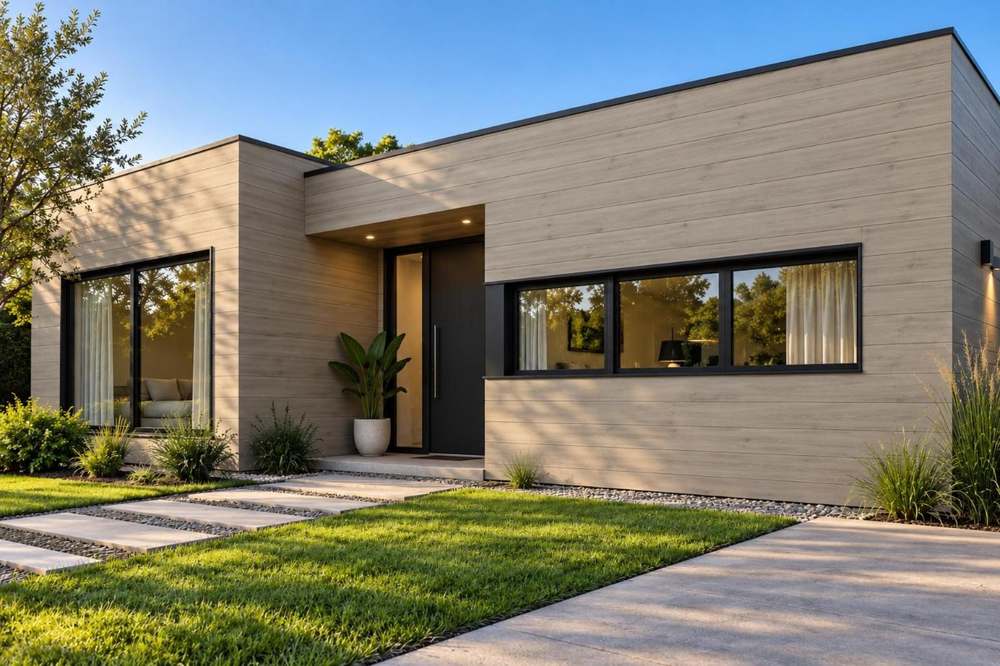 Casa de steel frame con metal siding Madera Beige