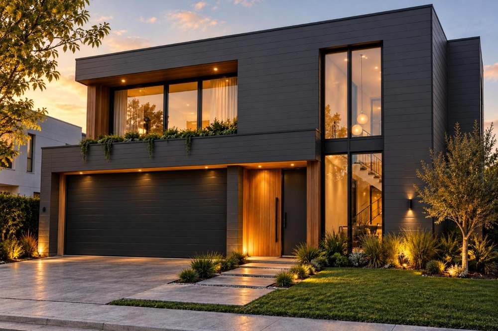 Casa moderna con fachada de metal siding Gris Oscuro