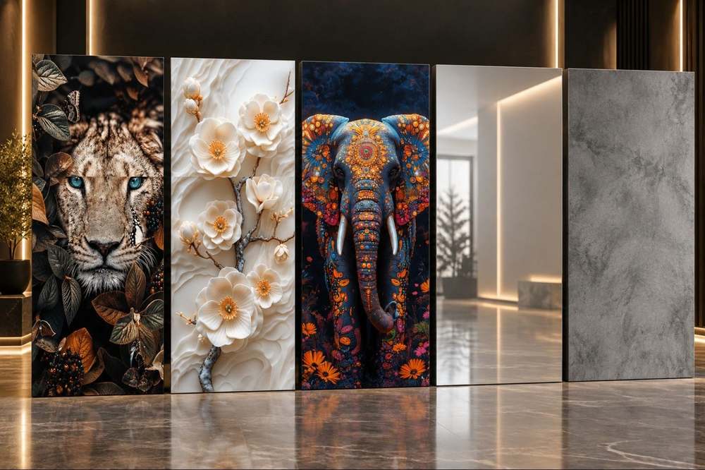 Placas UV con arte decorativo: leona, flores y elefante